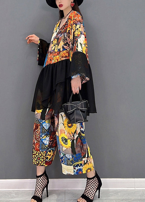 Modern V Neck Print Tulle Patchwork Chiffon Tops and Wide Leg Pants Two Pieces Set Spring