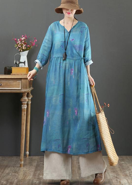 Modern V Neck Tie Waist Spring Outfit Shirts Navy Print Traveling Dress