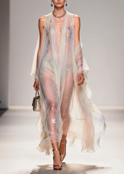 Modern V Neck Zircon Chiffon Long Dress Summer