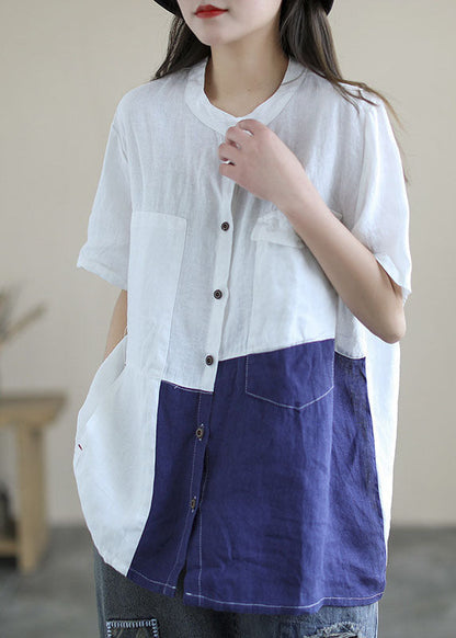 Modern White Blue O-neck Patchwork Linen Blouse Tops Short Sleeve