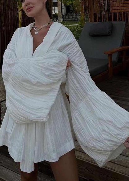 Modern White Cotton Cardigan and Shorts Two Pieces Set Lantern Sleeve