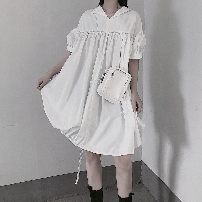 Modern White Dresses O Neck Drawstring Loose Dress