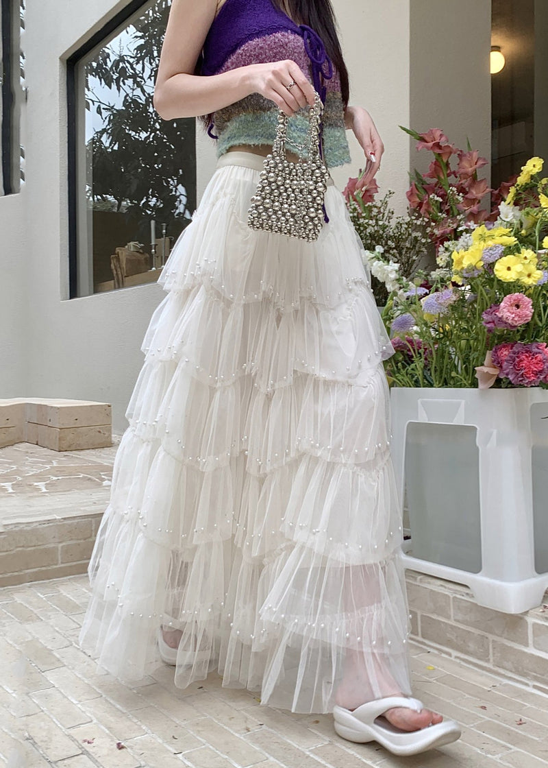 Modern White Nail Bead Tulle Holiday Skirts Fall