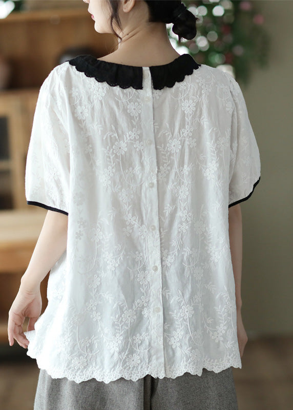 Modern White O-neck Embroideried Patchwork Wrinkled Cotton Top Short Sleeve