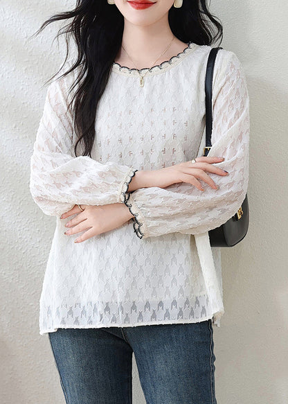 Modern White O-Neck Jacquard Lace Top Fall