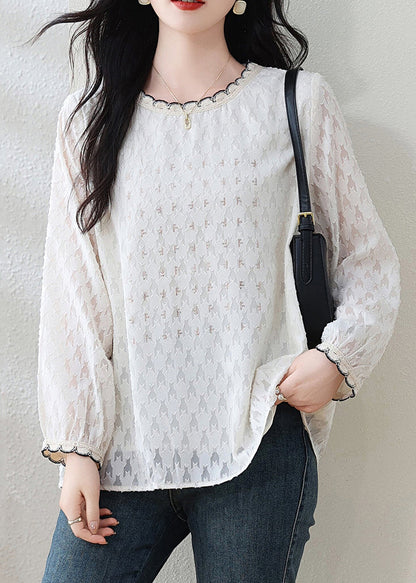 Modern White O-Neck Jacquard Lace Top Fall