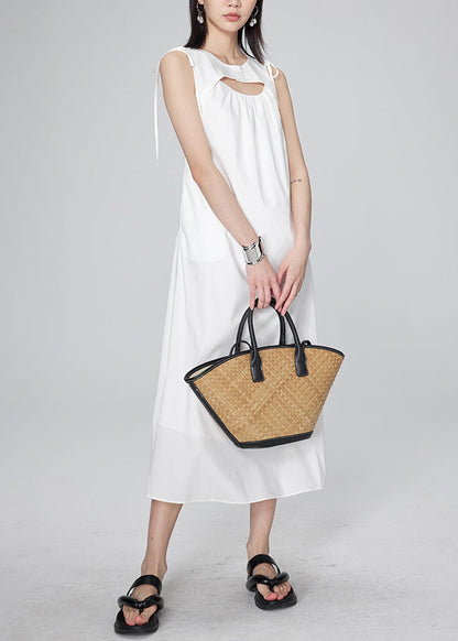 Modern White O-neck Wrinkled Lace Tie Long Dresses Summer