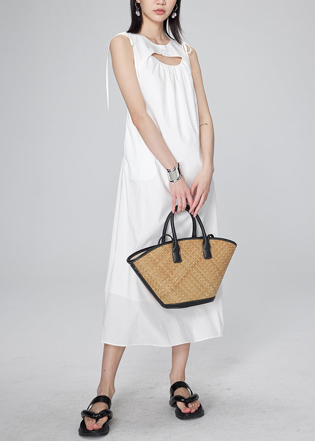 Modern White O-neck Wrinkled Lace Tie Long Dresses Summer