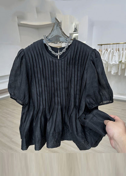 Modern White O-neck Wrinkled Patchwork Top Short Sleeve