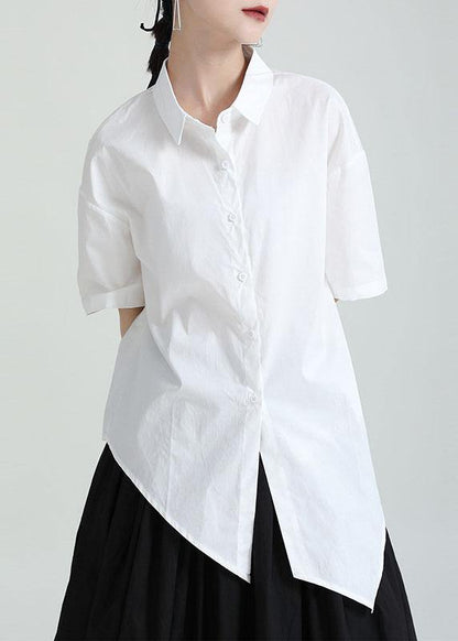 Modern White Patchwork Asymmetrical Design Summer Cotton Blouses Half Sleeve