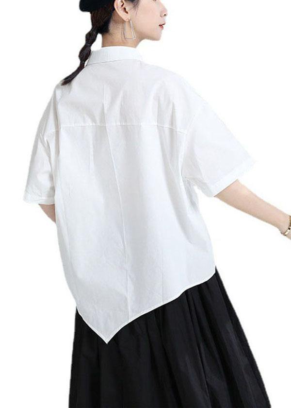 Modern White Patchwork Asymmetrical Design Summer Cotton Blouses Half Sleeve