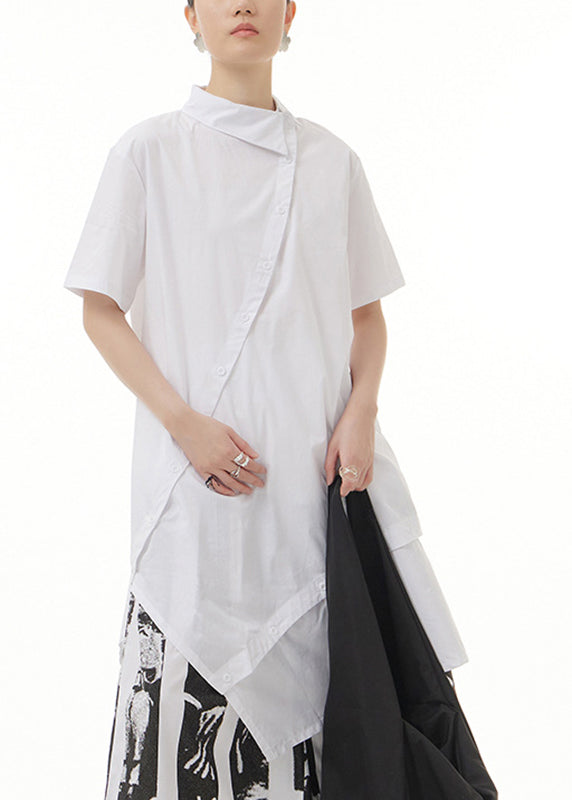 Modern White Peter Pan Collar Patchwork Cotton Long Shirts Summer