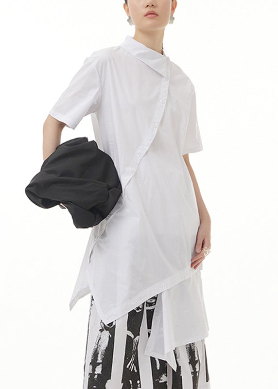 Modern White Peter Pan Collar Patchwork Cotton Long Shirts Summer