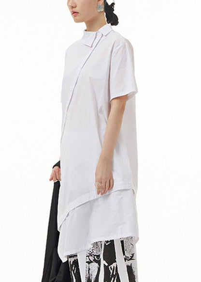 Modern White Peter Pan Collar Patchwork Cotton Long Shirts Summer