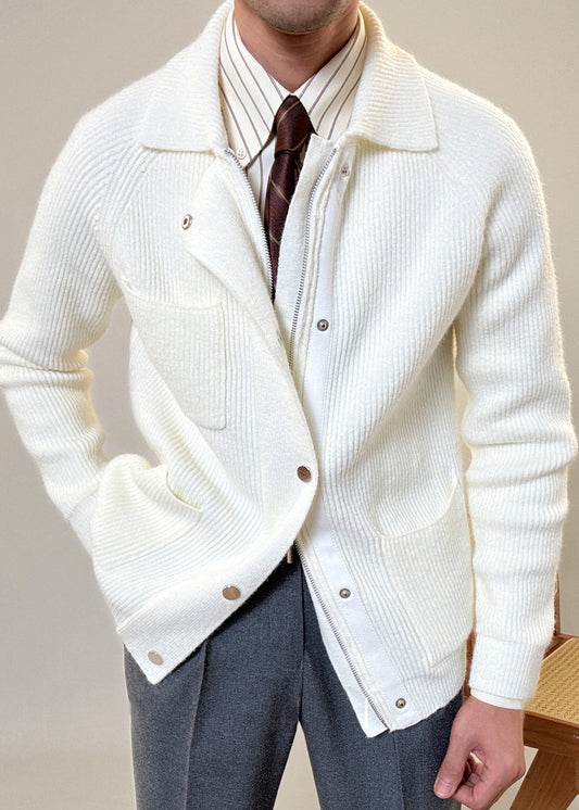 Modern White Peter Pan Collar Zip Up Cotton Knit Coats Spring