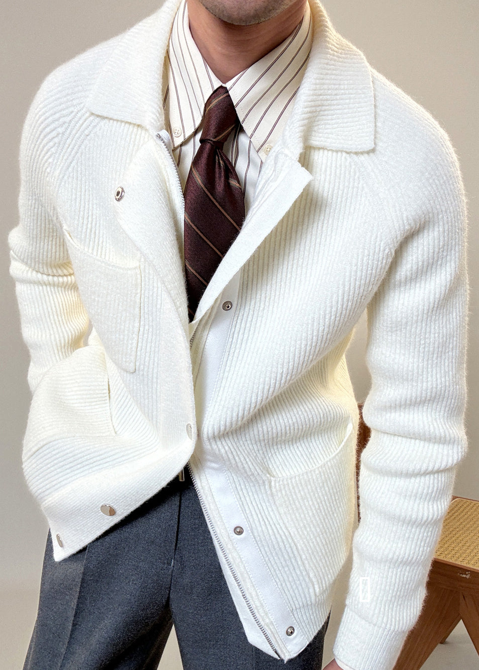 Modern White Peter Pan Collar Zip Up Cotton Knit Coats Spring