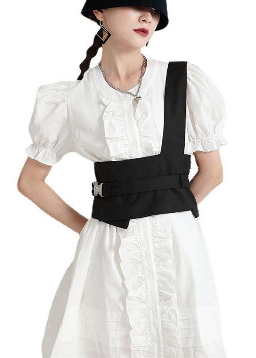 Modern White Puff Sleeve Button Summer Ruffled Dress Short Sleeve