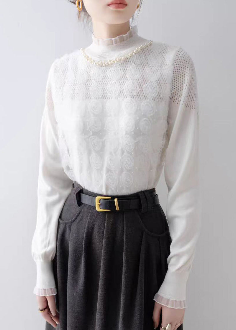 Modern White Ruffled Knit Top Spring