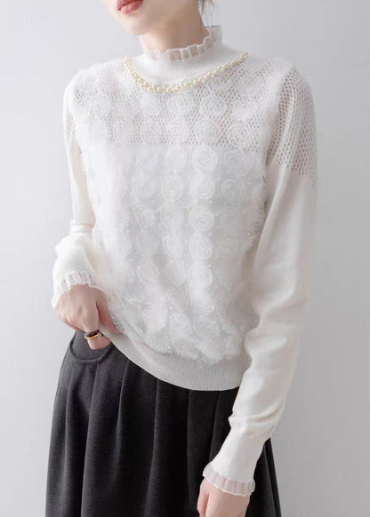Modern White Ruffled Floral Knit Top Spring