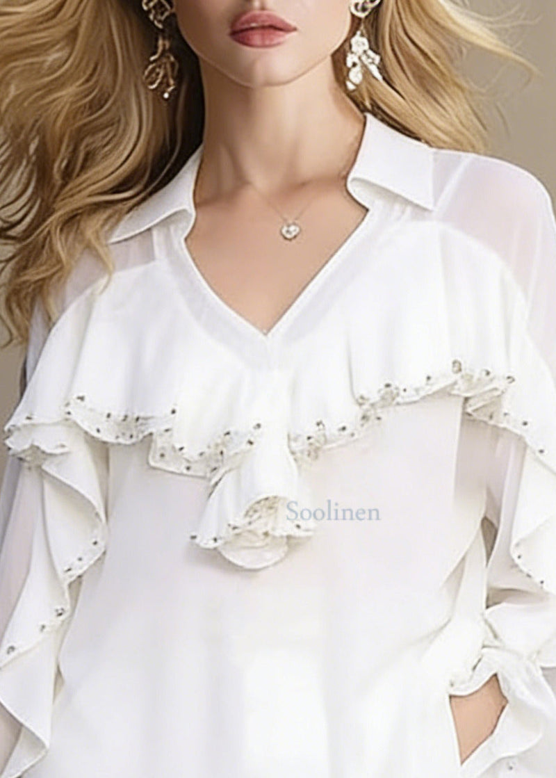 Modern White Ruffled Nail Bead Chiffon Tops Spring