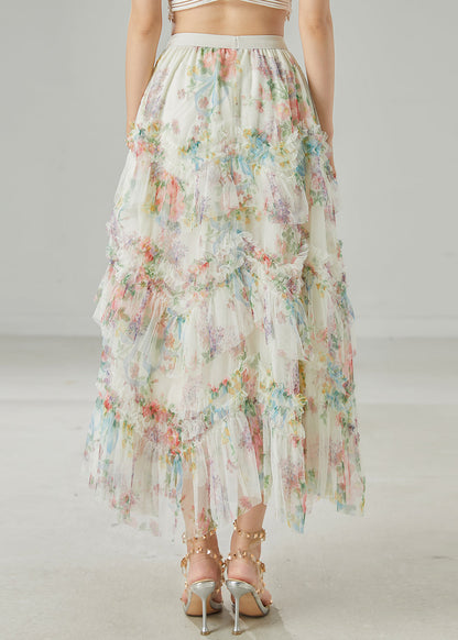 Modern White Ruffled Print Tulle Beach Skirt Summer