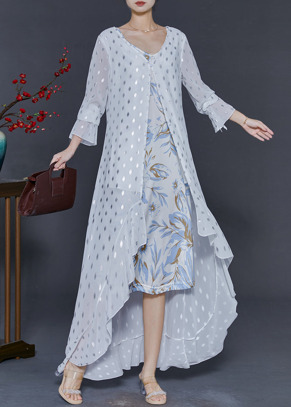 Modern White Sequins Ruffles Chiffon Long Dresses Spring