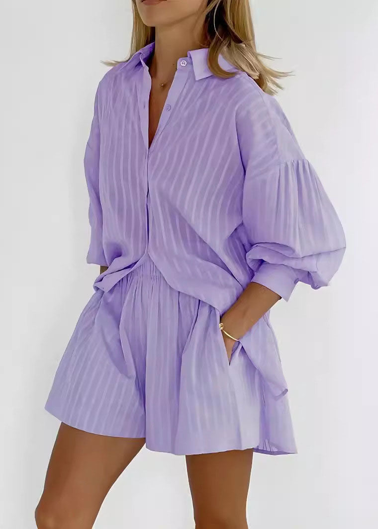 Modern White Striped Shirts and Shorts Cotton Two Pieces Set Spring