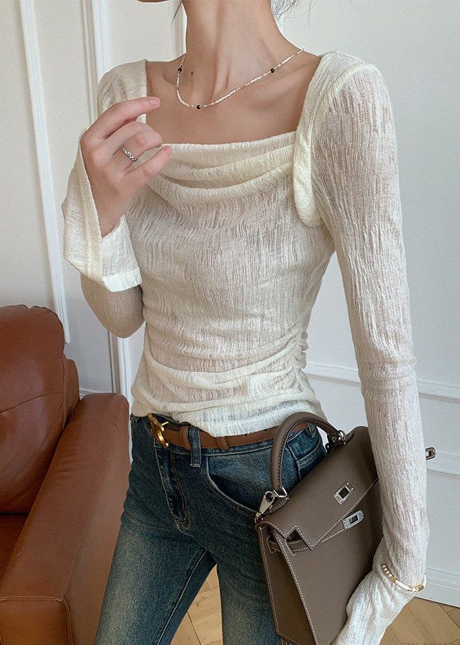 Modern White Turtle Neck Silm Fit Cotton Blouses Spring