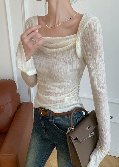 Modern White Turtle Neck Silm Fit Cotton Blouses Spring