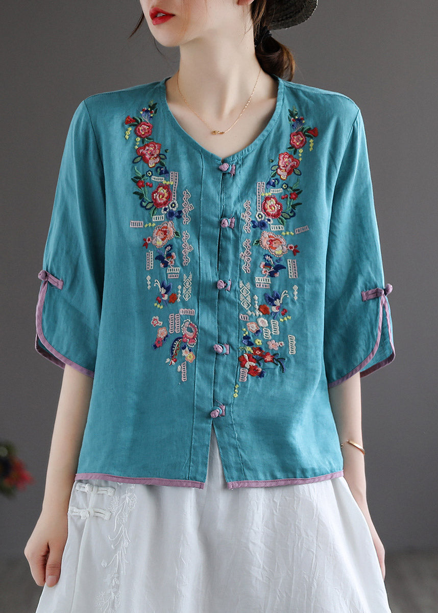 Modern White V Neck Embroideried Button Linen Shirt Half Sleeve