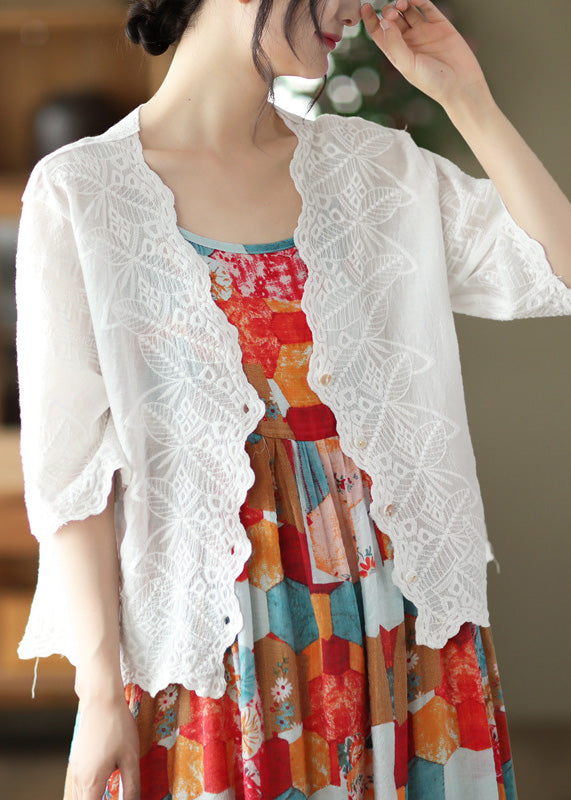 Modern White V Neck Embroideried Cotton Cardigan Short Sleeve