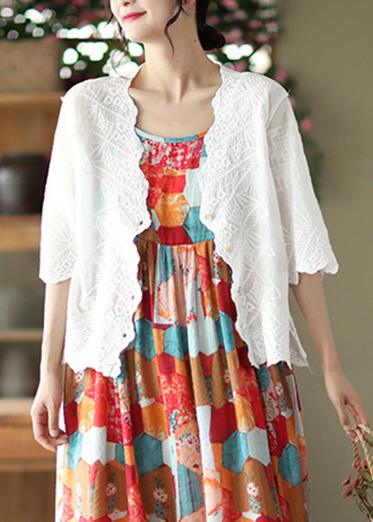 Modern White V Neck Embroideried Cotton Cardigan Short Sleeve