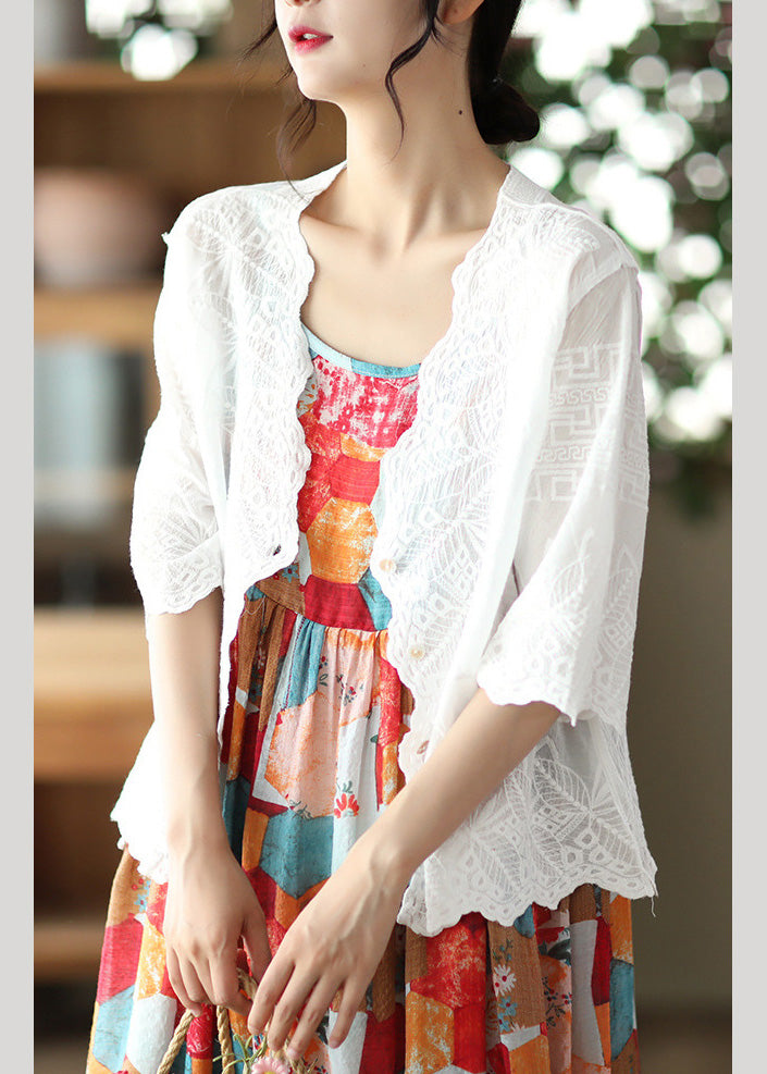 Modern White V Neck Embroideried Cotton Cardigan Short Sleeve