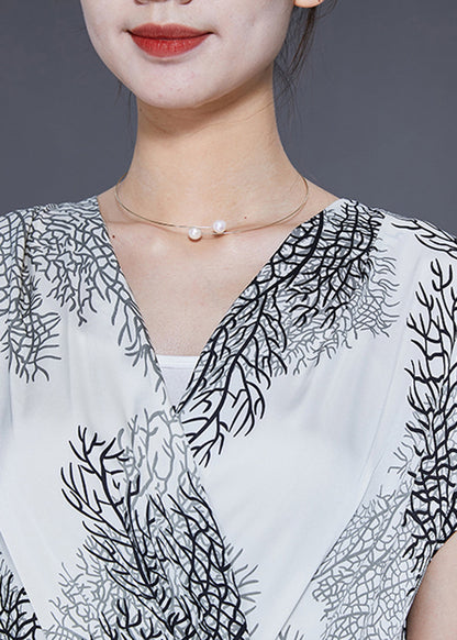 Modern White V Neck Tie Waist Print Silk Robe Dresses Summer