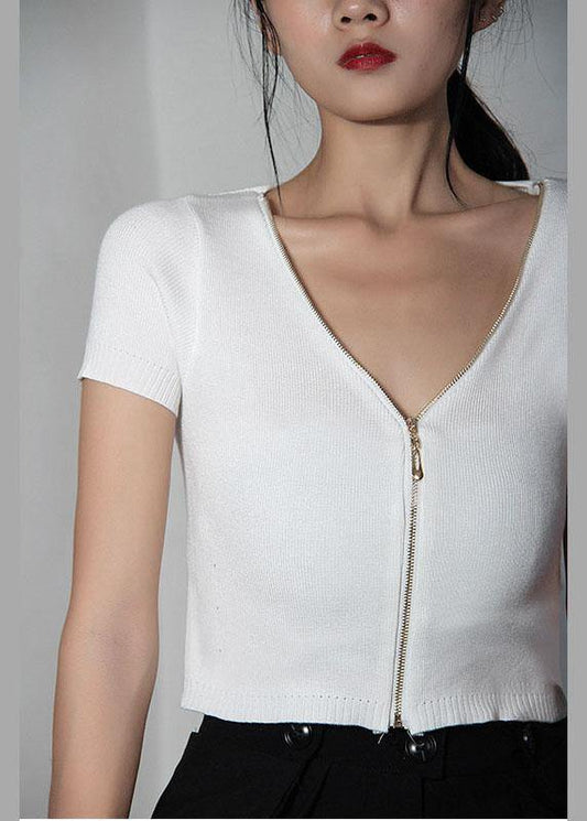 Modern White Zippered V Neck Shirt Tops Summer