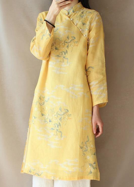 Modern Yellow Dragon Pattern Clothes V Neck Side Open Baggy Dress