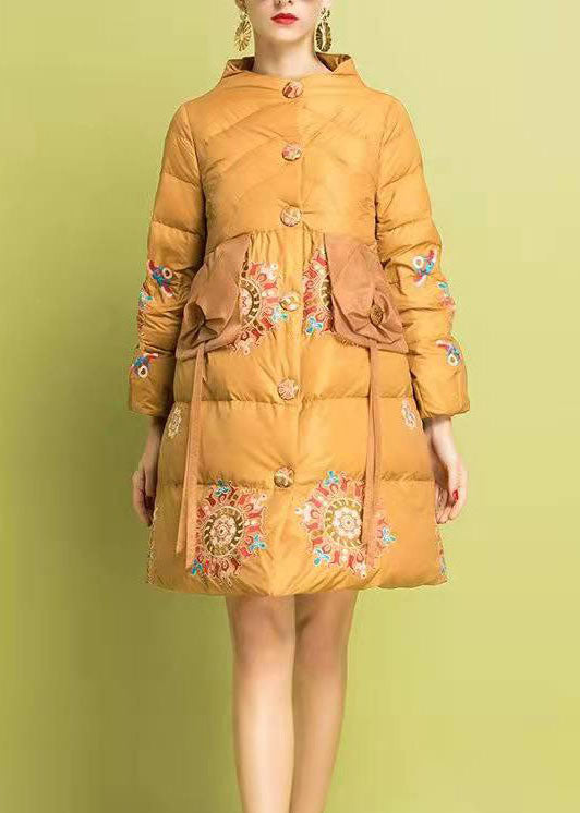 Modern Yellow Embroideried Button Fine Cotton Filled Parka Winter