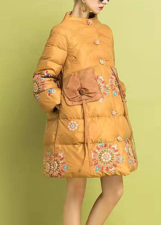 Modern Yellow Embroideried Button Fine Cotton Filled Parka Winter