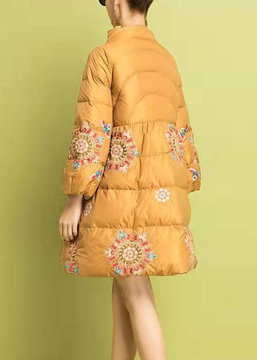 Modern Yellow Embroideried Button Fine Cotton Filled Parka Winter