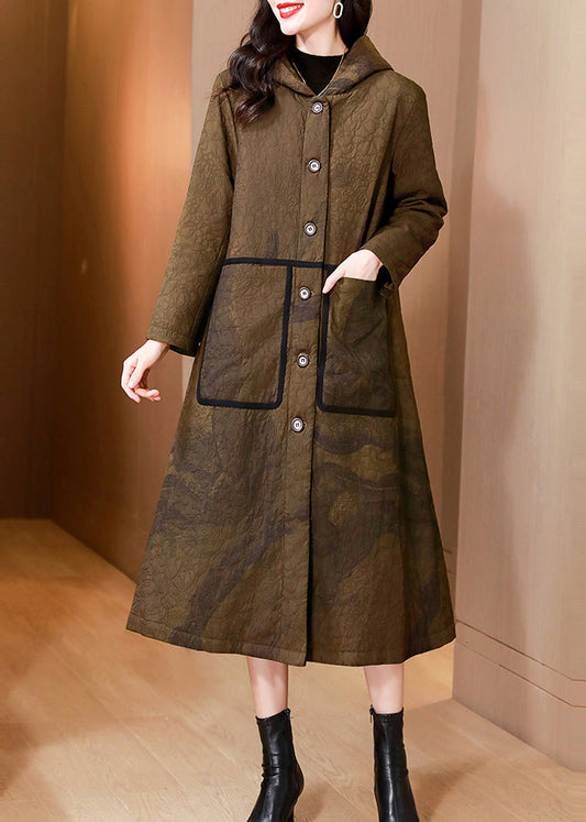 Modern Yellow Hooded Pockets Fine Cotton Filled Coat Winter