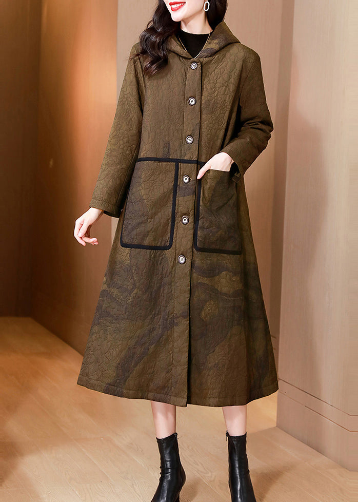 Modern Yellow Hooded Pockets Fine Cotton Filled Coat Winter