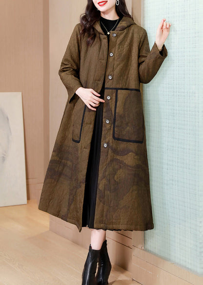 Modern Yellow Hooded Pockets Fine Cotton Filled Coat Winter