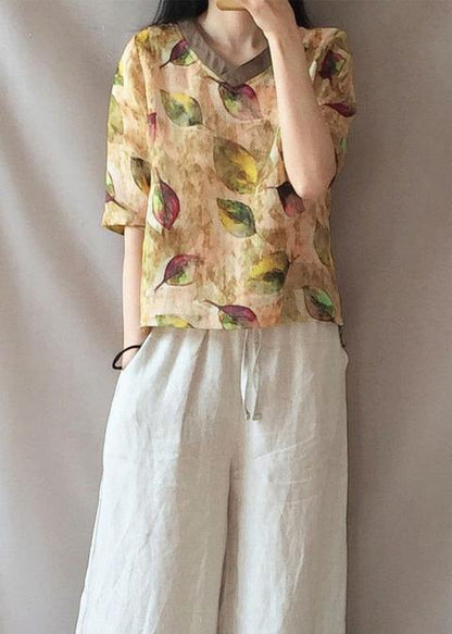 Modern Yellow Leaves Clothes V Neck Half Sleeve Loose Blouse