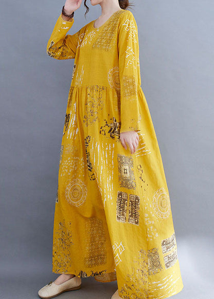 Modern Yellow O-neck Button Print Dress Spring