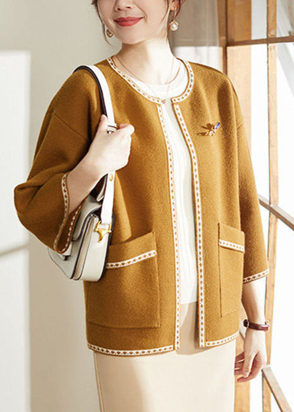 Modern Yellow O-neck Oversized Woolen Cardigan Bracelet Sleeve
