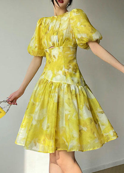 Modern Yellow O-neck Patchwork Print Silk Holiday Dress Summer