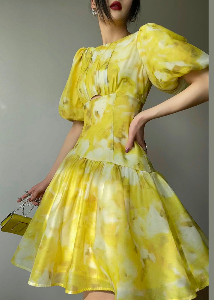 Modern Yellow O-neck Patchwork Print Silk Holiday Dress Summer