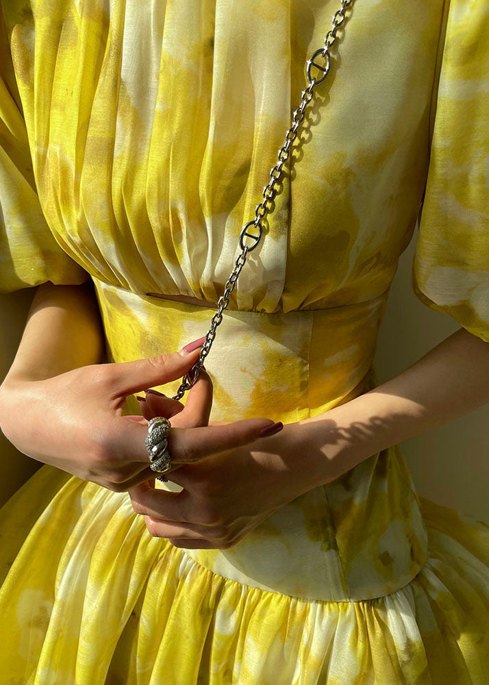 Modern Yellow O-neck Patchwork Print Silk Holiday Dress Summer