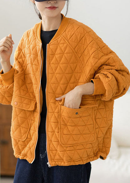 Modern Yellow O-neck Pockets Plaid Patchwork Fleece Coat Fall