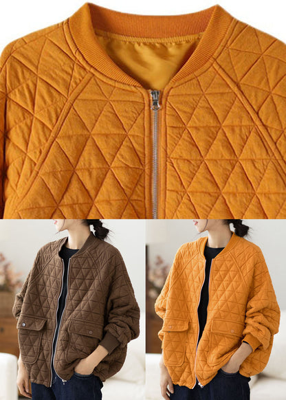 Modern Yellow O-neck Pockets Plaid Patchwork Fleece Coat Fall